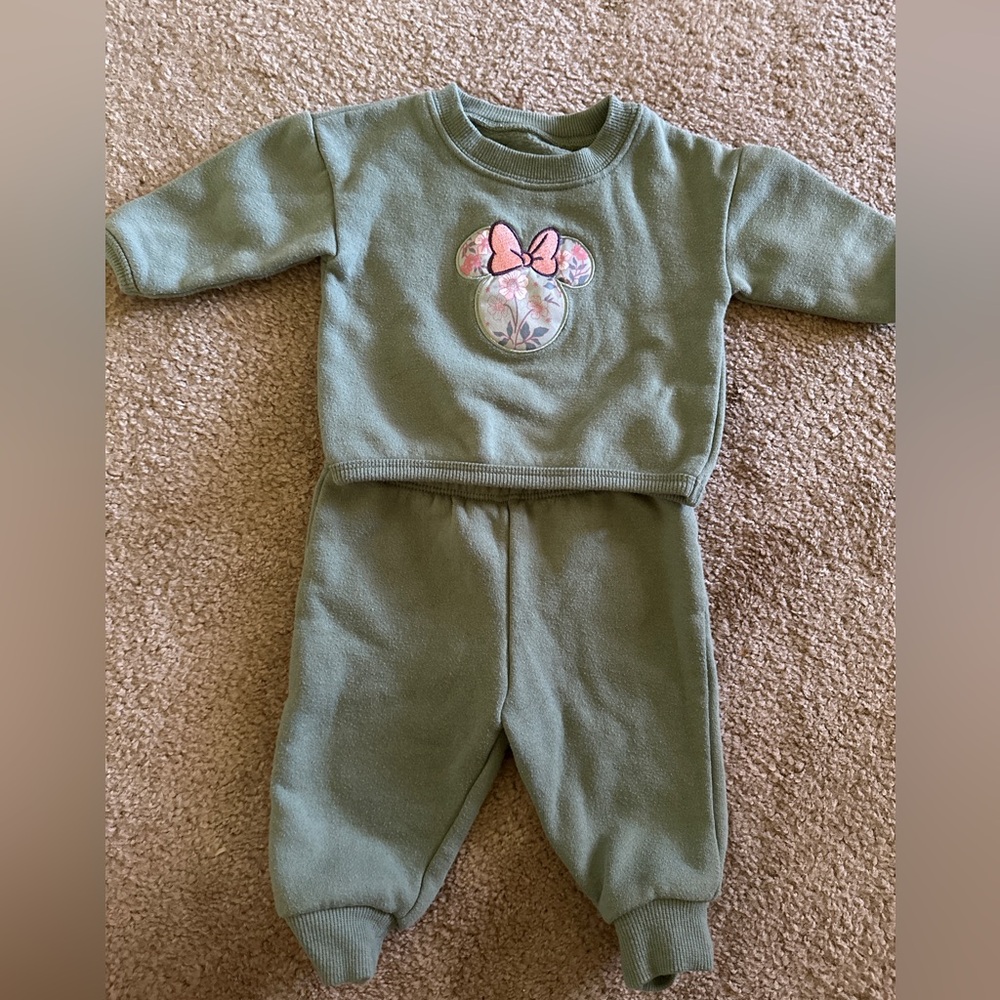 Disney Baby 3-6 months sage green sweatsuit Minnie Mouse